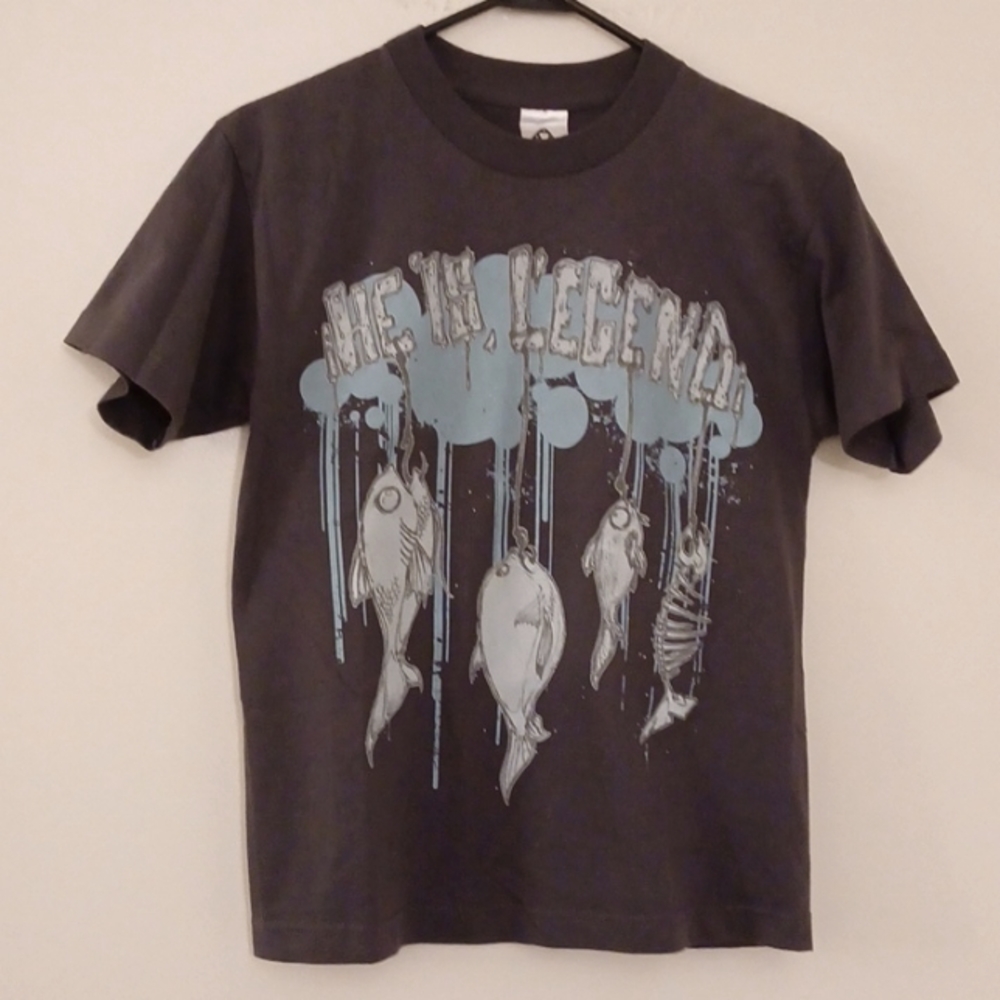 Medium He Is Legend grey/blue band graphic crew teeshirt skeleton dead fish hook